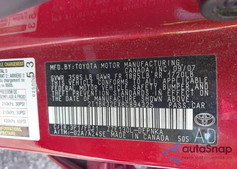 2008 Toyota Corolla Le из США, поврежденный, VIN 2T1BR32EX8C894325